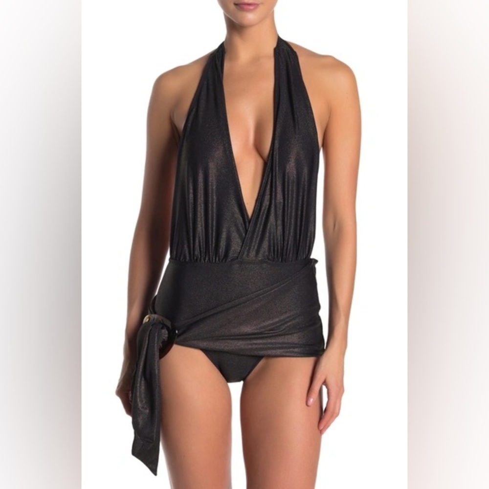 Nicole Miller One Piece Plunging Neck Swimsuit black/gold lurex with waist tie